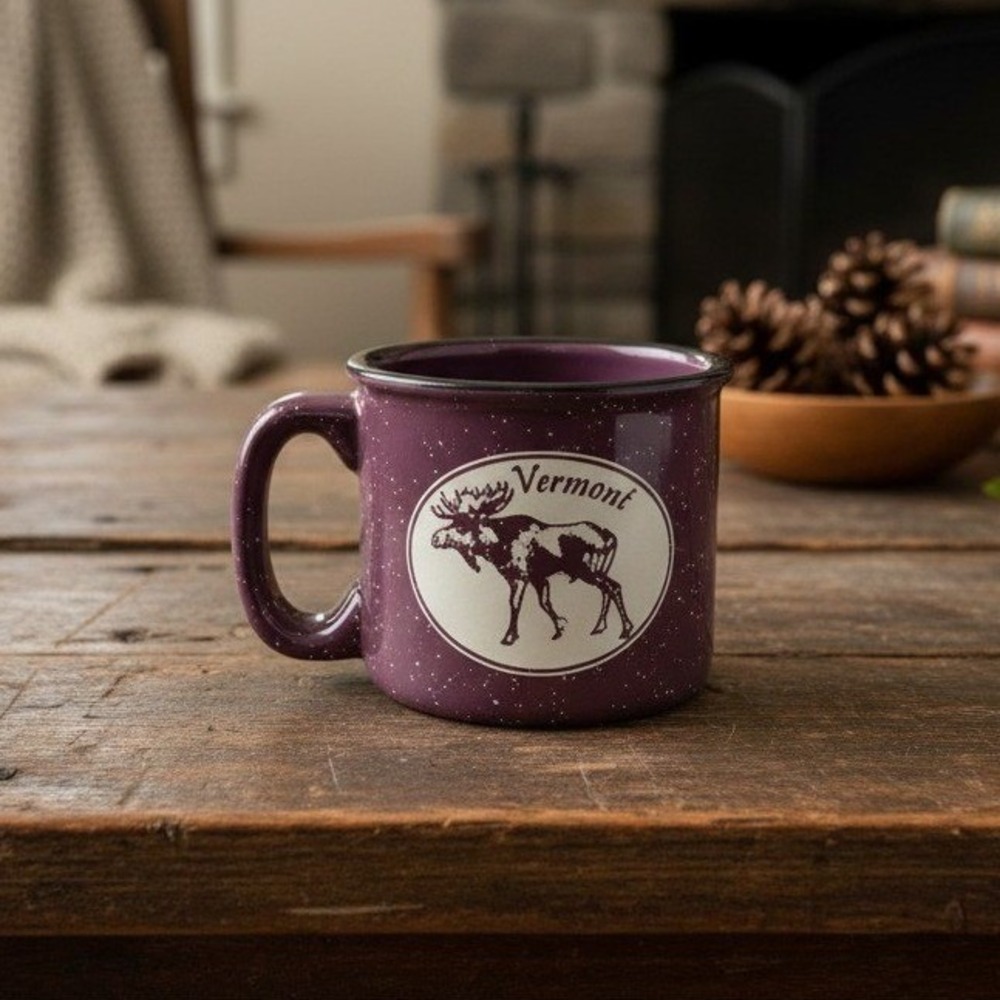 Vermont Maroon Speckled Camper Style Mug, Rustic Moose Design Ceramic Coffee Cup